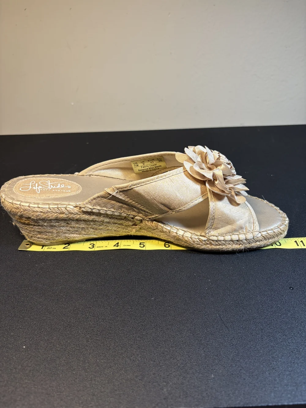 Life Stride Comfy Beige Espadrille Wedge Slides with Decorative Flower Size 11M